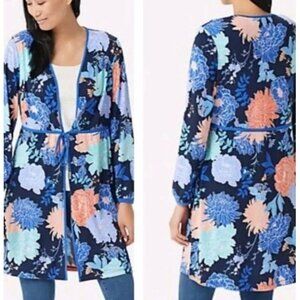 Susan Graver Liquid Knit Kimono Duster Wrap Cardigan Blue Floral Sz 2X